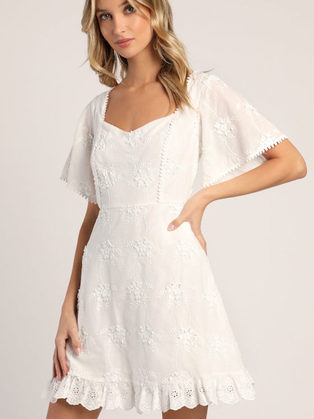 Lulus Morning In Mallorca White Cotton Eyelet Short Sleeve Mini Dress - Size L